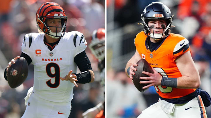 Cincinnati Bengals quarterback Joe Burrow (9) and Denver Broncos quarterback Bo Nix (10). Cincinnati Bengals quarterback Joe Burrow (9) and Denver Broncos quarterback Bo Nix (10).