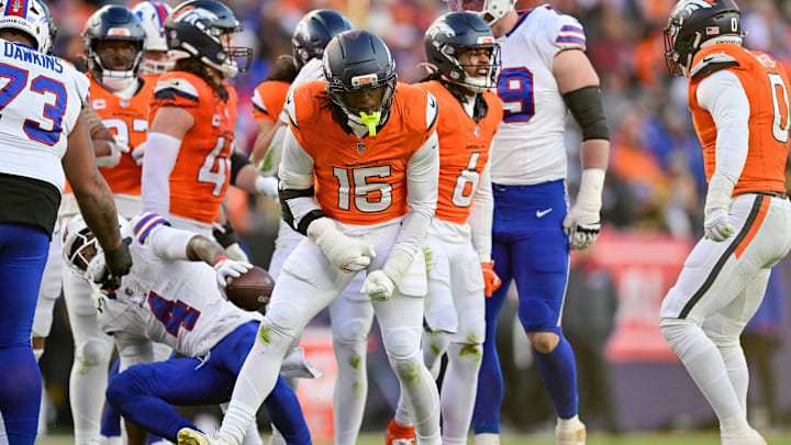 DENVER, CO - JANUARY 17: Denver Broncos linebacker Nik Bonitto (15) celebrates after a defensive play in the second half in the AFC Divisional Round game at Empower Field at Mile High on January 17, 2026 in Denver, Colorado. 