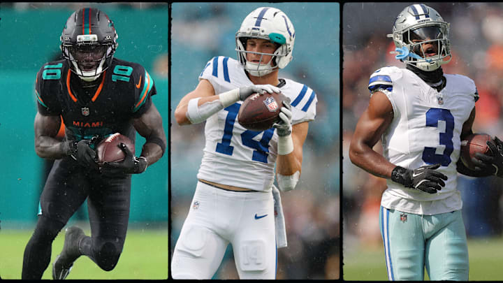 Wide receivers Tyreek Hill (10), Alec Pierce (14), and George Pickens (3) of the Miami Dolphins, Indianapolis Colts, and Dallas Cowboys, respectively.
