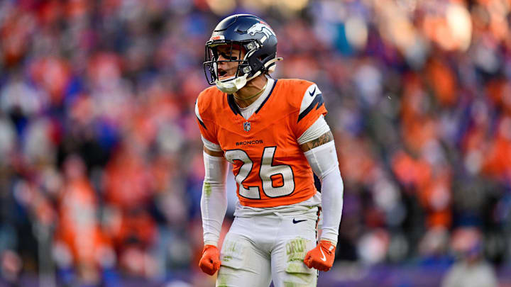 DENVER, CO - JANUARY 17: Denver Broncos safety Devon Key (26) celebrates after covering a kickoff return in the second half against the Buffalo Bills in the AFC Divisional Round game at Empower Field at Mile High on January 17, 2026 in Denver, Colorado. 