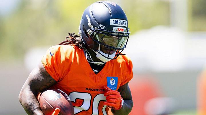 Denver Broncos running back Jonah Coleman runs a drill at rookie minicamp. Denver Broncos running back Jonah Coleman runs a drill at rookie minicamp.