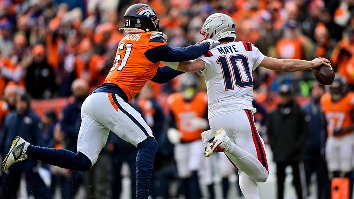 DENVER, CO - JANUARY 25: New England Patriots quarterback Drake Maye (10) is sacked by Denver Broncos linebacker Que Robinson (51) in the first half of the AFC Championship Game at Empower Field at Mile High on January 25, 2026 in Denver, Colorado. DENVER, CO - JANUARY 25: New England Patriots quarterback Drake Maye (10) is sacked by Denver Broncos linebacker Que Robinson (51) in the first half of the AFC Championship Game at Empower Field at Mile High on January 25, 2026 in Denver, Colorado.