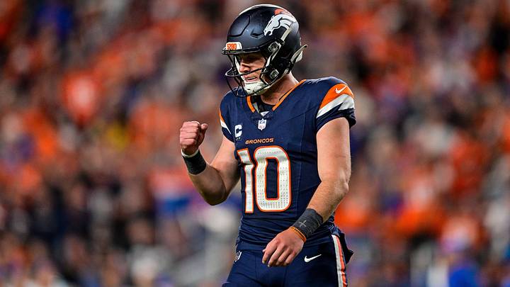 DENVER, CO - SEPTEMBER 27: Denver Broncos quarterback Bo Nix (10) celebrates after a defensive penalty was called against the Los Angeles Rams in the fourth quarter during a game between the Los Angeles Rams and the Denver Broncos at Empower Field at Mile High on September 27, 2026 in Denver, Colorado. DENVER, CO - SEPTEMBER 27: Denver Broncos quarterback Bo Nix (10) celebrates after a defensive penalty was called against the Los Angeles Rams in the fourth quarter during a game between the Los Angeles Rams and the Denver Broncos at Empower Field at Mile High on September 27, 2026 in Denver, Colorado.