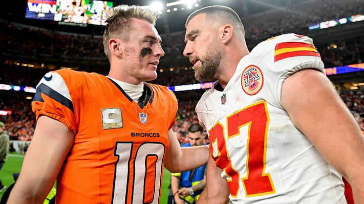 DENVER, CO - NOVEMBER 16: Kansas City Chiefs tight end Travis Kelce (87) has a word with Denver Broncos quarterback Bo Nix (10) after a game between the Kansas City Chiefs and the Denver Broncos at Empower Field at Mile High on November 16, 2025 in Denver, Colorado. DENVER, CO - NOVEMBER 16: Kansas City Chiefs tight end Travis Kelce (87) has a word with Denver Broncos quarterback Bo Nix (10) after a game between the Kansas City Chiefs and the Denver Broncos at Empower Field at Mile High on November 16, 2025 in Denver, Colorado.