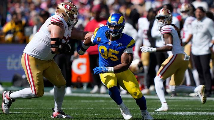 Los Angeles Rams defensive end Myles Garrett (95) tries to get past San Francisco 49ers offensive tackle Colton McKivitz, left, in the first half of an NFL football game in Melbourne, Australia, on Sept. 11, 2026. (AP Photo/Doug Benc, File) Los Angeles Rams defensive end Myles Garrett (95) tries to get past San Francisco 49ers offensive tackle Colton McKivitz, left, in the first half of an NFL football game in Melbourne, Australia, on Sept. 11, 2026. (AP Photo/Doug Benc, File)