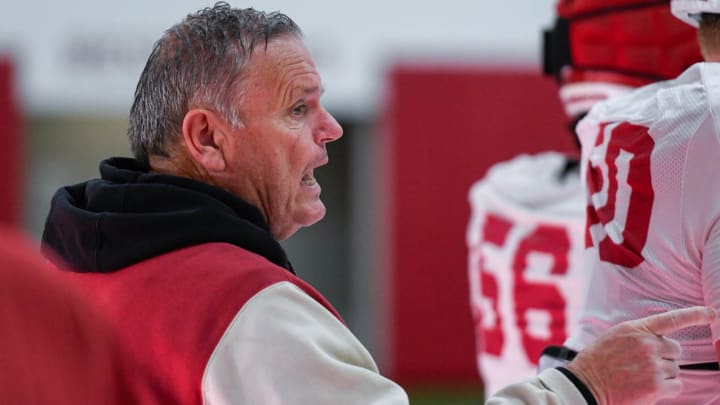 Arkansas Razorbacks coach Sam Pittman during practice Thursday morning at the indoor field at the football practice facility in Fayetteville, Ark.