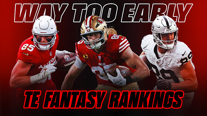 Trey McBride (left), George Kittle (center) and Brock Bowers (right) lead the 2025 fantasy TE rankings. 