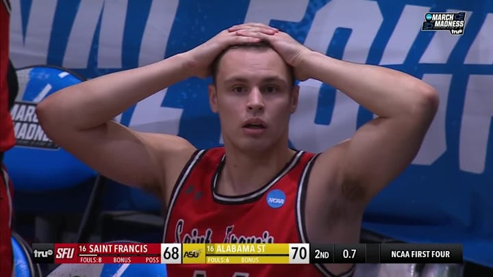 Saint Francis reacts to a last-second shot from Alabama State