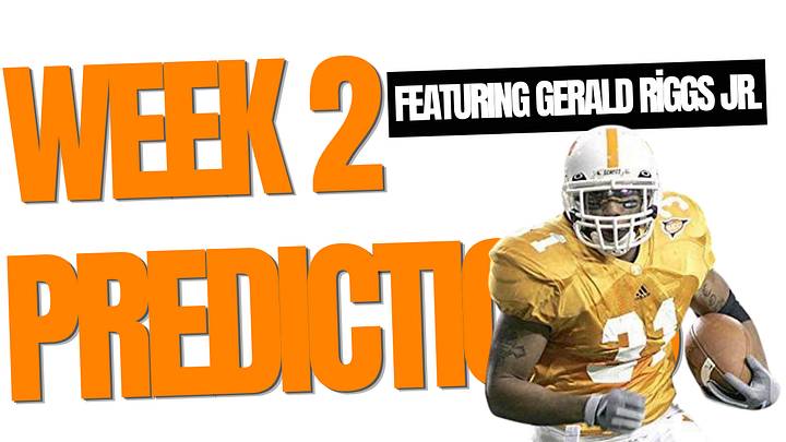SEC Week 2 Predictions graphic featuring Gerald Riggs Jr.