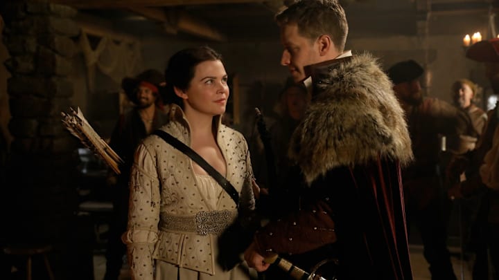 ONCE UPON A TIME - "The Song in Your Heart" - In flashback, Snow and Charming make a special wish that Emma will be protected. The result of their wish has the whole kingdom bursting into song which infuriates the Evil Queen. Meanwhile in Storybrooke, the Black Fairy announces her plans to unleash another curse on the town while Emma and Hook prepare for their wedding, on "Once Upon a Time," SUNDAY, MAY 7 (8:00-9:00 p.m. EDT), on The ABC Television Network. (ABC/Jack Rowand)
GINNIFER GOODWIN,