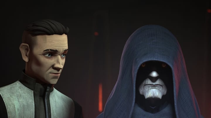 Star Wars: The Bad Batch Season 3 "Shadows of Tantiss." Royce Hemlock and Emperor Palpatine. Image Credit: StarWars.com