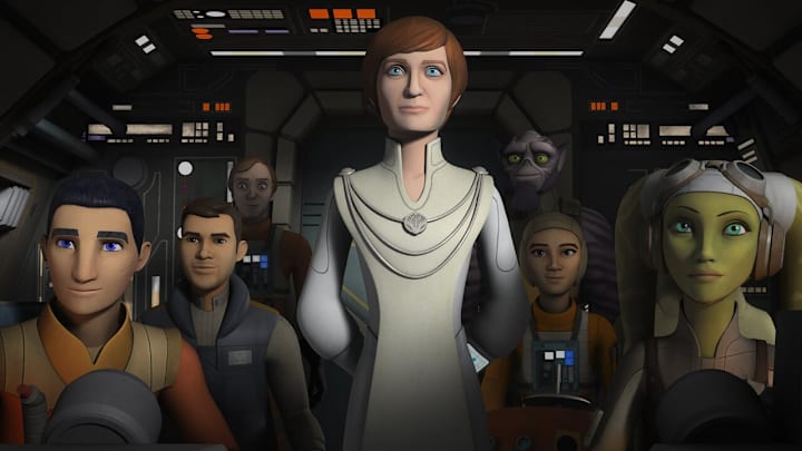 Star Wars Rebels episode "Secret Cargo" with Ezra Bridger, Mon Mothma, Garazeb "Zeb" Orrelios, and Hera Syndulla. Image Credit: StarWars.com