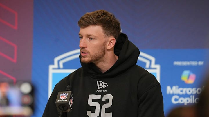 Dillon Thieneman meets with the media at the 2026 NFL Combine.