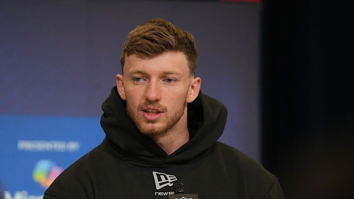 Dillon Thieneman meets with the media at the 2026 NFL Combine.