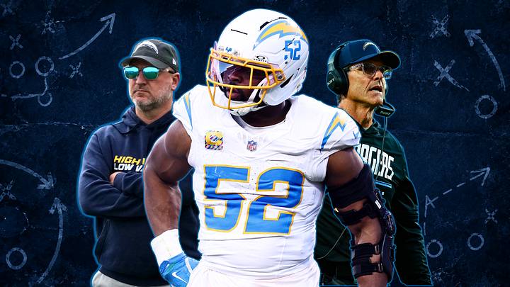 Chargers GM Joe Hortiz (left), edge rusher Khalil Mack (center), head coach Jim Harbaugh (right)