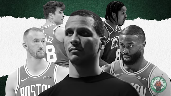 Joe Mazzulla, Sam Hauser, Jaylen Brown, Hugo Gonzalez, and Josh Minott