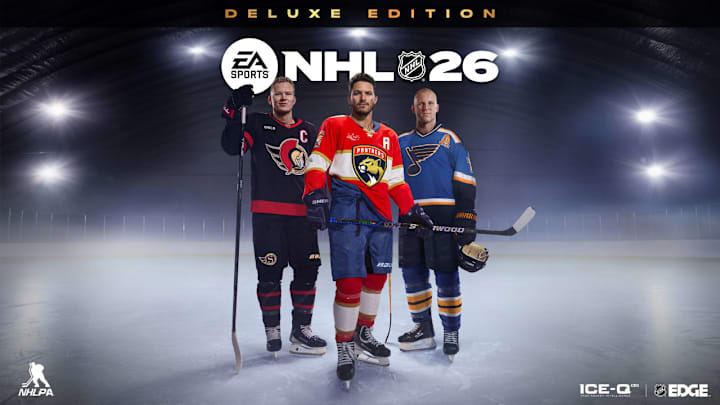 NHL 26: Deluxe Edition cover featuring Matthew Tkachuk, Brady Tkachuk, and their father, Keith Tkachuk