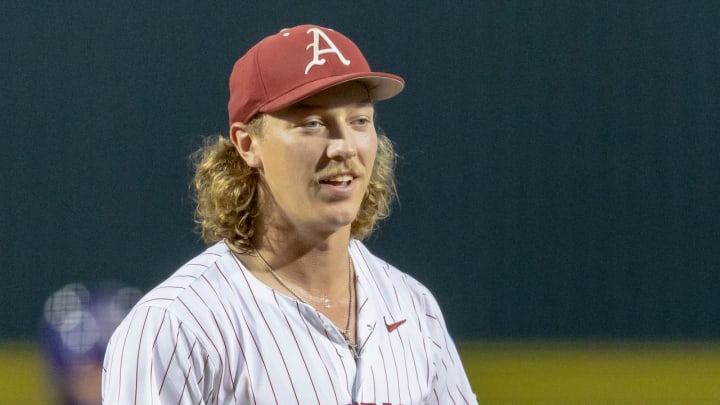Arkansas Razorbacks pitcher Hagen Smith on the mound against Kansas State on Saturday night at Baum-Walker Stadium in Fayetteville, Ark.