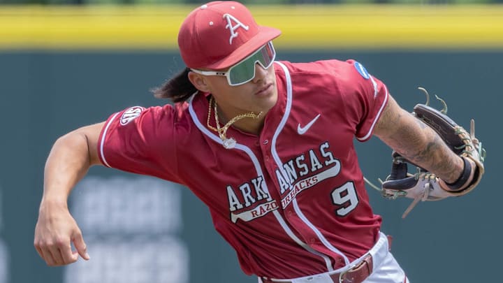 Arkansas Razorbacks shortstop Wehiwa Aloy against Southeast Missouri on Sunday in the Fayetteville Regional.
