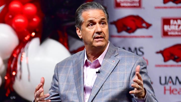 Arkansas Razorbacks coach John Calipari at his intrductory press conference in Bud Walton Arena on April 10, 2024, in Fayetteville, Ark.