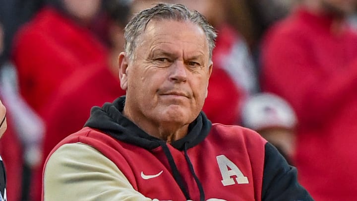 Arkansas Razorbacks coach Sam Pittman during the final regular-season game against the Missouri Tigers on Nov. 24, 2023, in Fayetteville, Ark. Arkansas Razorbacks coach Sam Pittman during the final regular-season game against the Missouri Tigers on Nov. 24, 2023, in Fayetteville, Ark.