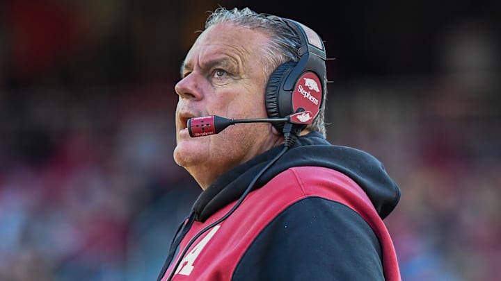 Arkansas Razorbacks coach Sam Pittman during a loss to the Missouri Tigers on Nov. 24, 2023, at Razorback Stadium in Fayetteville, Ark.