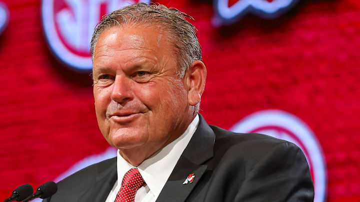 Arkansas Razorbacks coach Sam Pittman at SEC Media Days in 2022. Arkansas Razorbacks coach Sam Pittman at SEC Media Days in 2022.