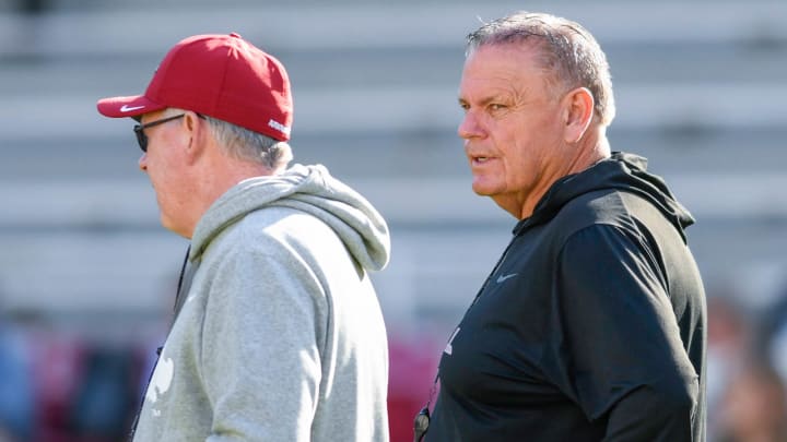 Arkansas Razorbacks coach Sam Pittman and new offensive coordinator Bobby Petrino at a spring practice inside Razorback Stadium. Arkansas Razorbacks coach Sam Pittman and new offensive coordinator Bobby Petrino at a spring practice inside Razorback Stadium.