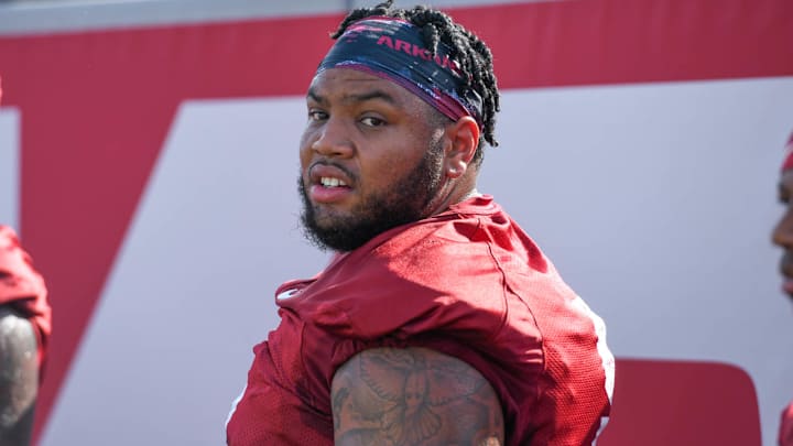 Arkansas Razorbacks defensive lineman Cam Ball during first practice of fall camp in Fayetteville, Ark.