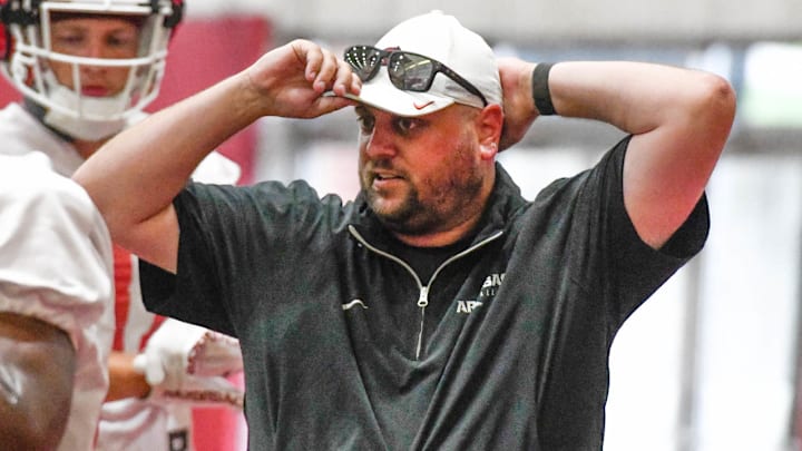 Arkansas Razorbacks tight ends coach Morgan Turner at Thursday's practice indoors in Fayetteville, Ark. Arkansas Razorbacks tight ends coach Morgan Turner at Thursday's practice indoors in Fayetteville, Ark.