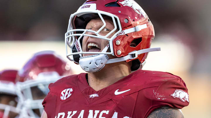 Arkansas Razorbacks defensive lineman Landon Jackson celebrates after a play against the UAB Blazers at Razorback Stadium in Fayetteville, Ark.