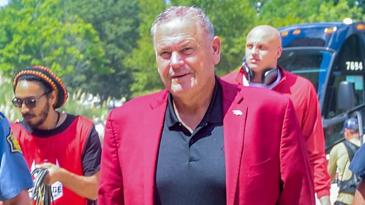Arkansas Razorbacks coach Sam Pittman arrives at Jordan-Hare Stadium for Saturday's game against the Auburn Tigers