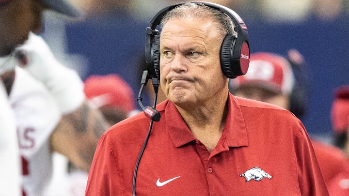Arkansas Razorbacks coach Sam Pittman on the sidelines against the Texas A&M Aggies at AT&T Stadium in Arlington, Texas.