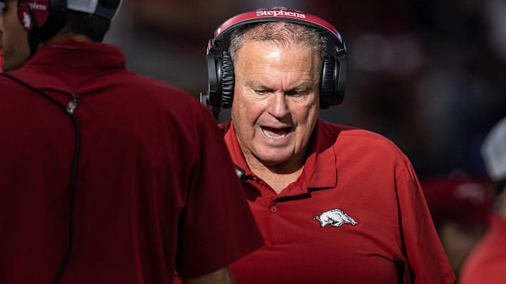 Arkansas Razorbacks coach Sam Pittman on the sidelines against the Texas A&M Aggies. Arkansas Razorbacks coach Sam Pittman on the sidelines against the Texas A&M Aggies.