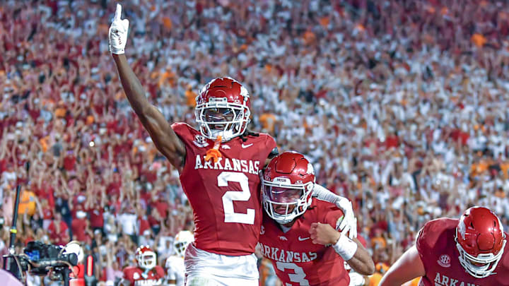 Arkansas Razorbacks wide receiver Andrew Armstrong celebrates with quarterback Malachi Singleton after winning touchdown against the Tennessee Vols at Razorback Stadium in Fayetteville, Ark. Arkansas Razorbacks wide receiver Andrew Armstrong celebrates with quarterback Malachi Singleton after winning touchdown against the Tennessee Vols at Razorback Stadium in Fayetteville, Ark.
