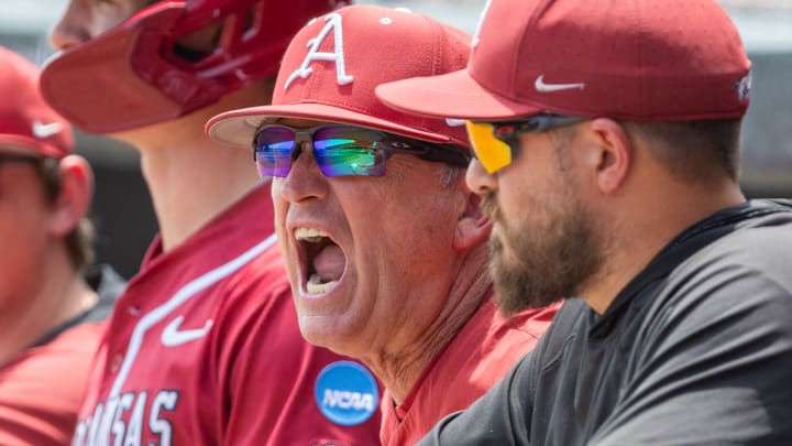 Arkansas Razorbacks coach Dave Van Horn yells at umpire against Southeast Missouri in the NCAA Tournament in June at Baum-Walker Stadium in Fayetteville, Ark.