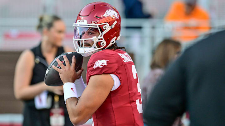 Arkansas Razorbacks quarterback Malachi Singleton in warmups before game with the Tennessee Volunteers at Razorback Stadium in Fayetteville, Ark.