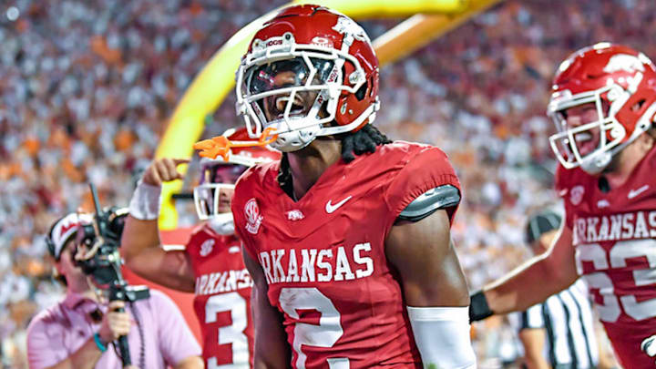 Arkansas Razorbacks wide receiver Andrew Armstrong celebrating winning touchdown against the Tennessee Volunteers at Razorback Stadium in Fayetteville, Ark.