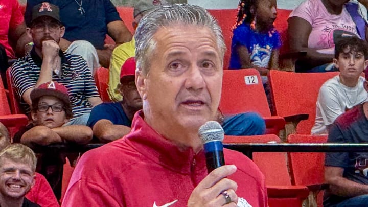Arkansas coach John Calipari speaks to crowd prior to tip-off event at Pine Bluff Convention Center Oct: 13, 2024. 