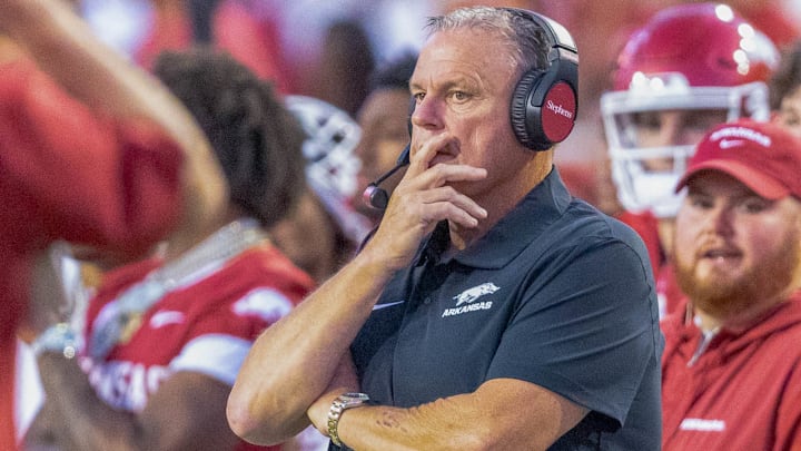 Arkansas Razorbacks coach Sam Pittman on the sidelines against the Tennessee Volunteers at Razorback Stadium in Fayetteville, Ark.