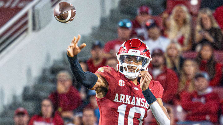 Arkansas Razorbacks quarterback Taylen Green throws a pass against the LSU Tigers at Razorback Stadium in Fayetteville, Ark.