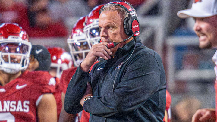 Arkansas Razorbacks coach Sam Pittman on the sidelines against the LSU Tigers at Razorback Stadium in Fayetteville, Ark.