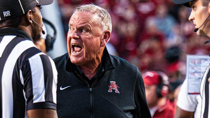 Arkansas Razorbacks coach Sam Pittman yelling at officials after a call against the Tennessee Volunteers at Razorback Stadium in Fayetteville, Ark.