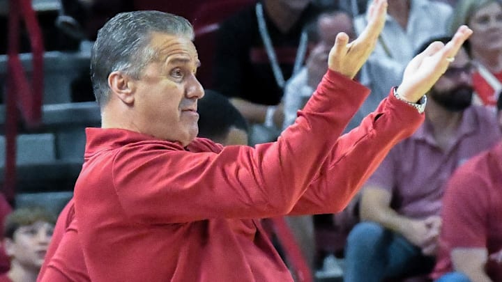 Arkansas Razorbacks coach John Calipari in an exhibition game against the Kansas Jayhawks at Bud Walton Arena in Fayetteville, Ark.