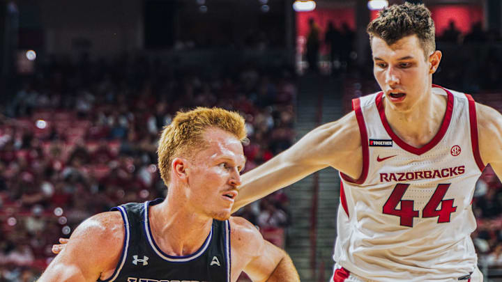 Arkansas Razorbacks forward Zvonimir Ivisic guards a Lipscomb Bisons player at Bud Walton Arena in Fayetteville, Ark.