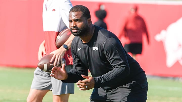 Arkansas Razorbacks cornerback coach Deron Wilson during fall practices on the outdoor fields in Fayetteville, Ark.
