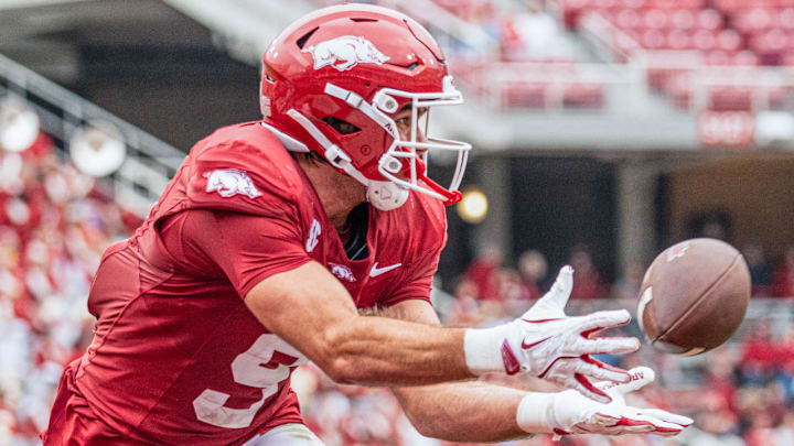 Arkansas Razorbacks tight end Luke Hasz catches a pass against the Ole Miss Rebels at Razorback Stadium in Fayetteville, Ark.