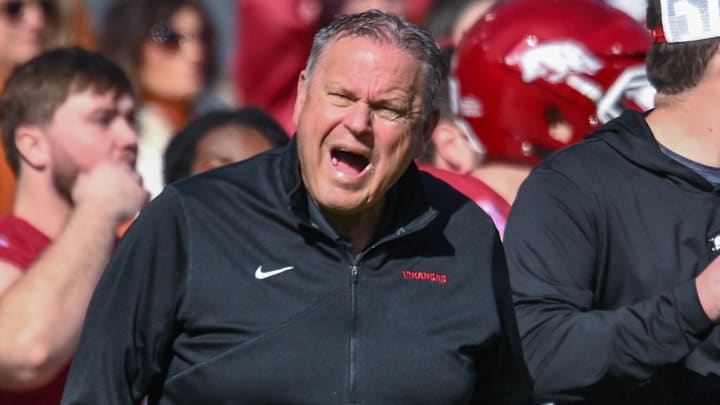 Arkansas Razorbacks coach Sam Pittman voices frustration on the sidelines against the Texas Longhorns at Razorback Stadium in Fayetteville, Ark.