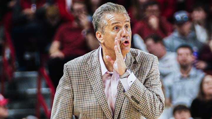 Arkansas Razorbacks coach John Calipari giving his team instructions during a game with Troy at Bud Walton Arena in Fayetteville, Ark.
