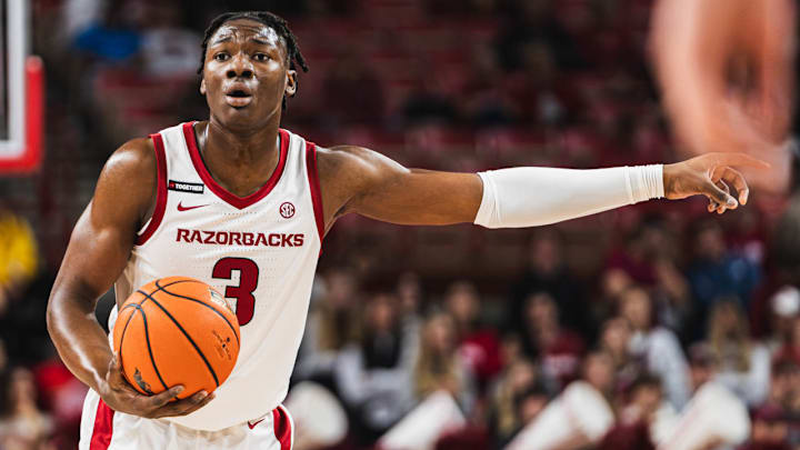 Arkansas Razorbacks Adou Thiero against the Pacific Tigers at Bud Walton Arena in Fayetteville, Ark.
